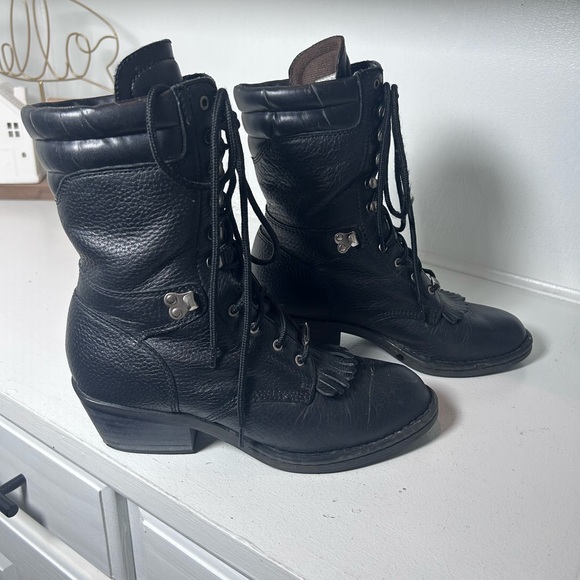 Double H Black Leather Kiltie Lace-Up Western Boots Women's 9.5 Moto Cowboy - Picture 2 of 8